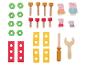 Holzspielzeug-Set mit Schrauben, Muttern, Werkzeugen und Peppa Pig-Figuren.