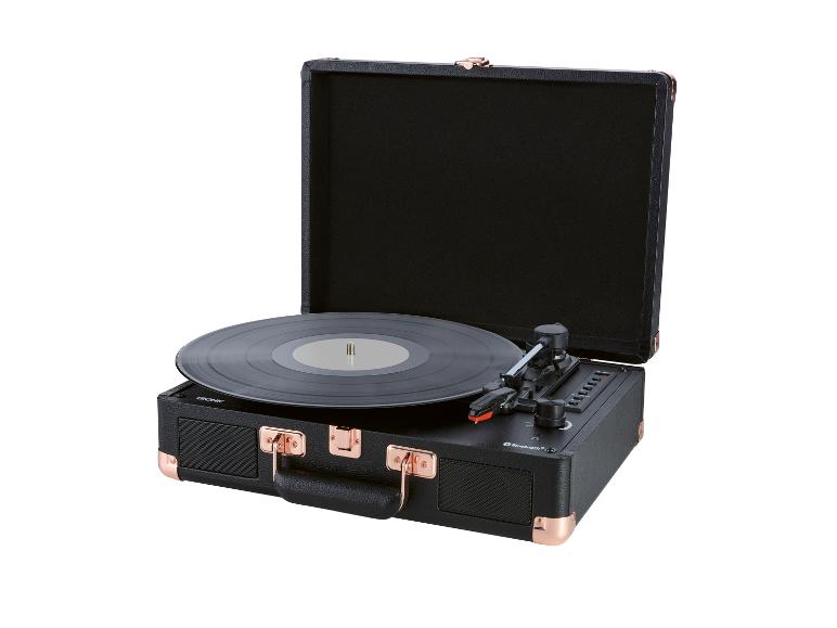 TRONIC Kofferplattenspieler in Schwarz mit Kupferakzenten, geöffnet, mit Vinylplatte.