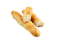 Drei Käsegebäckstangen, eine davon aufgeschnitten mit sichtbarer Füllung.
