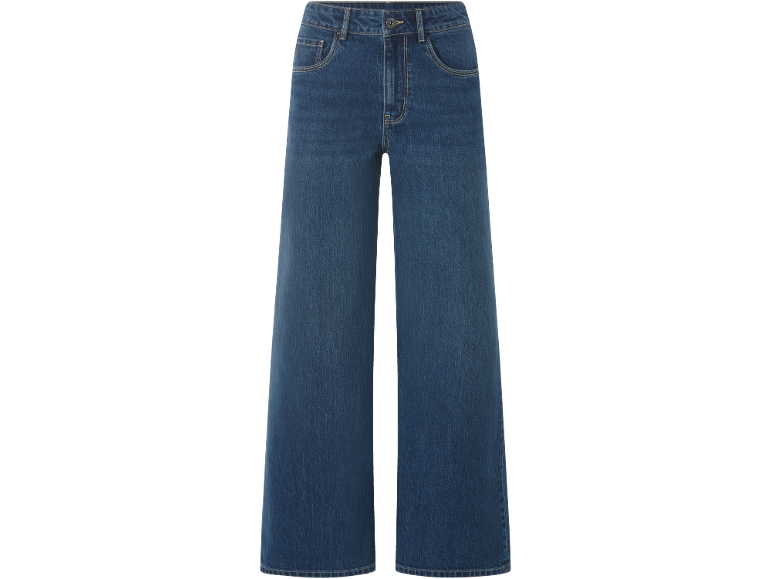 Blaue weite Jeans aus Denim mit Vordertaschen und Knopfverschluss