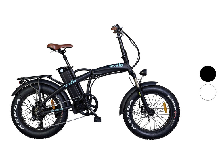 Ein schwarzes Myvelo E-Faltrad mit dicken Reifen.