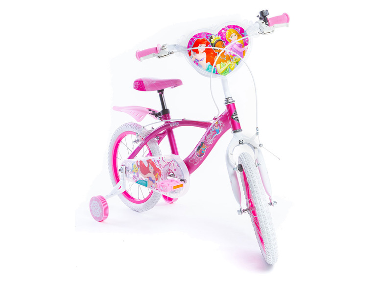 Ein rosa Kinderfahrrad mit Prinzessinnen-Motiv und Stützrädern.