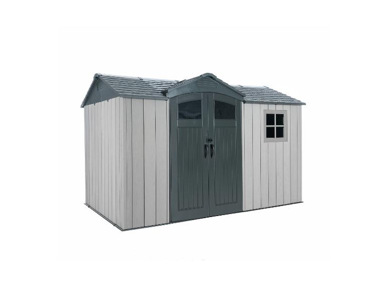 Grau-weißer Gartenschuppen mit Doppeltür und Fenster