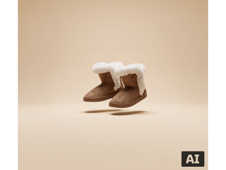 Braune Winterstiefel mit weißem Fellbesatz, die in der Luft schweben.