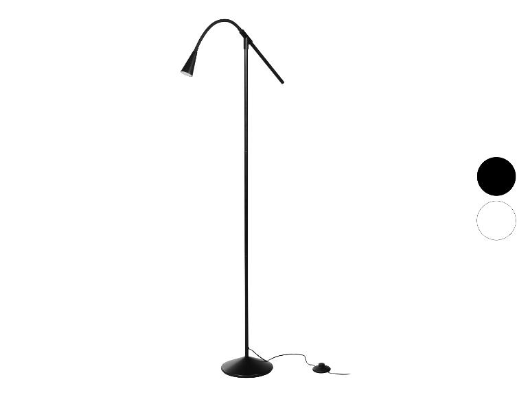 Schwarze Stehlampe mit gebogenem Arm und rundem Fuß