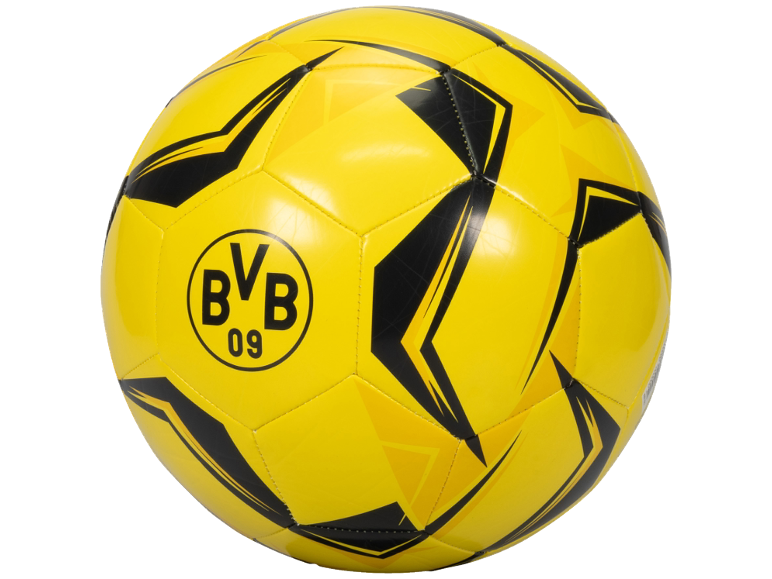 Gelber Fußball mit schwarzen Details und dem BVB 09 Logo.