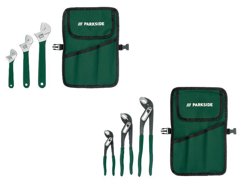 PARKSIDE verstellbare Schraubenschlüssel und Zangen-Set in grüner Tasche.