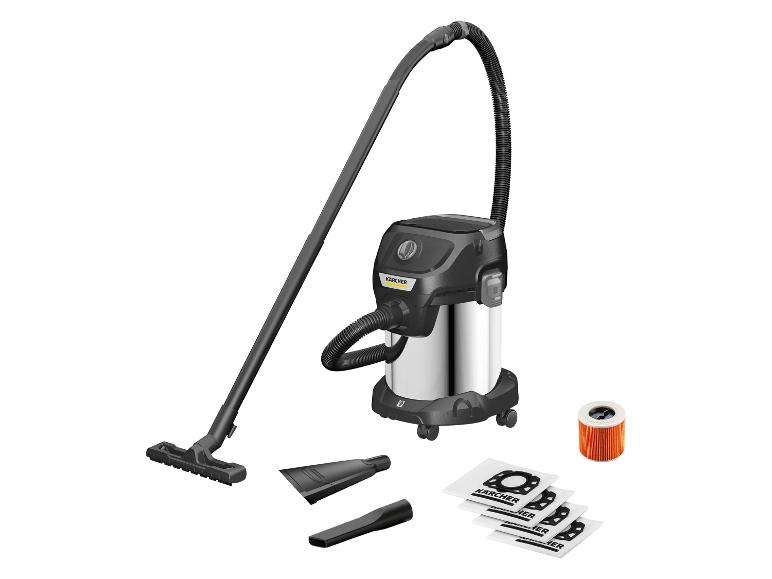 Kärcher Staubsauger mit Zubehör, einschließlich Düsen, Staubbeuteln und Filter.