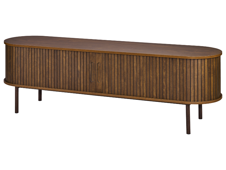 Brauner Holz-TV-Schrank oder Sideboard mit Rollladentüren und schlanken Beinen.