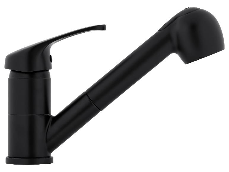 Schwarze Küchenarmatur mit ausziehbarer Brause.