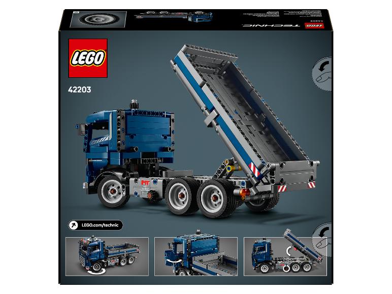 LEGO Technic 42203 Karton mit einem blauen und grauen Muldenkipper mit angehobener Ladefläche.