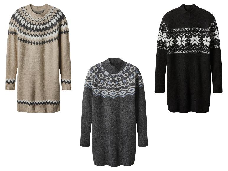 Drei gestrickte Pullover mit nordischem Muster in Beige, Grau und Schwarz.