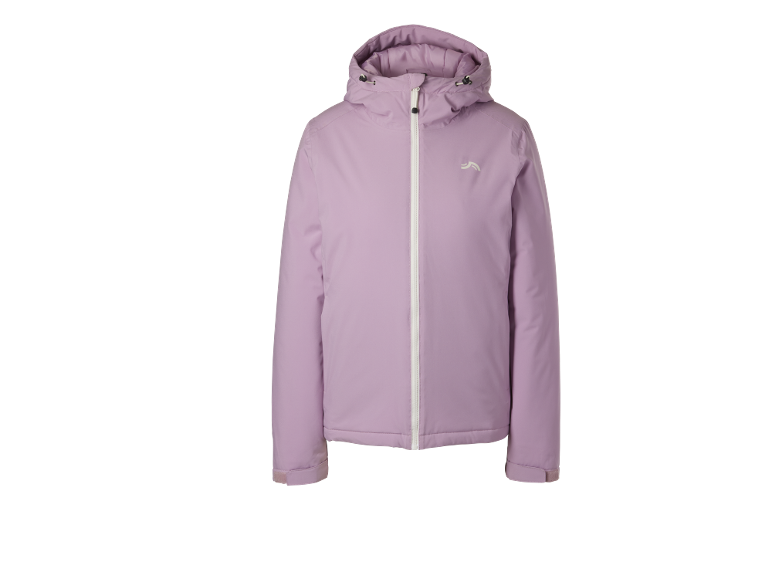 Lila Winterjacke mit Kapuze und weißem Reißverschluss.