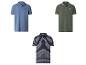 Drei Herren-Poloshirts: blau, olivgrün und marineblau gestreift.