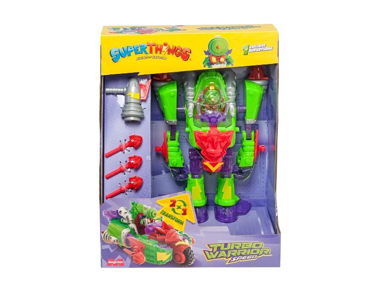 SuperThings Turbo Warrior Speed Spielzeug, ein grüner und lila Roboter in einer offenen Box.