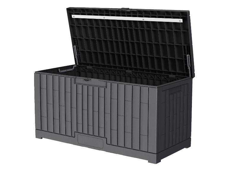 Offene dunkelgraue Outdoor-Aufbewahrungsbox mit Bambus-Textur.