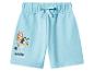 Hellblaue Kinder-Shorts mit Cartoon-Charakter-Print und „Bluey & Bingo“-Schriftzug.