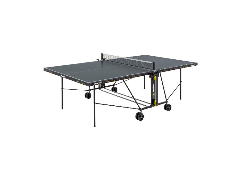 Graue Tischtennisplatte mit Rollen und Netz, mit Donic-Logo