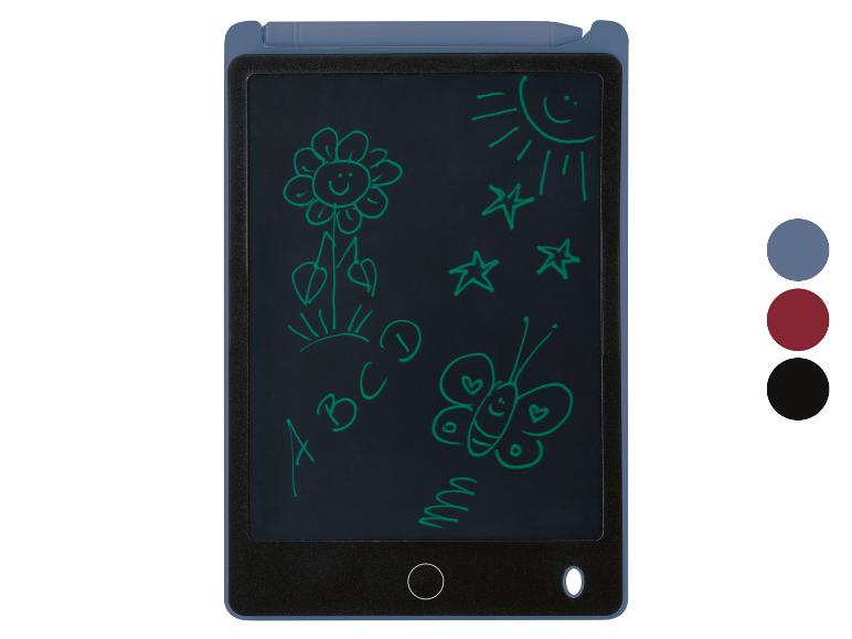 Blaues LCD-Schreibtablett mit Stift, das eine Blume, Sonne, Sterne und einen Schmetterling zeigt.