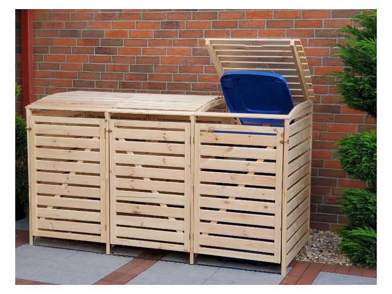 Ein Holz-Abfalleimer mit drei Fächern für den Außenbereich.