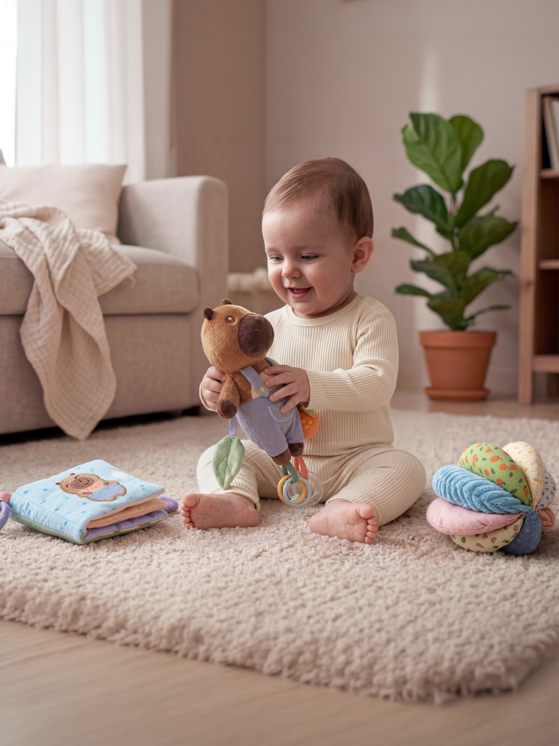 Glückliches Baby spielt mit einem Stofftierbären, Stoffbuch und Sensorikball auf einem Teppich.