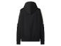Schwarzer Langarm-Hoodie mit weißen Streifen an den Ärmeln, Rückansicht.