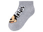 Graue Socken mit Mickey Mouse und dem Schriftzug 'Super'.