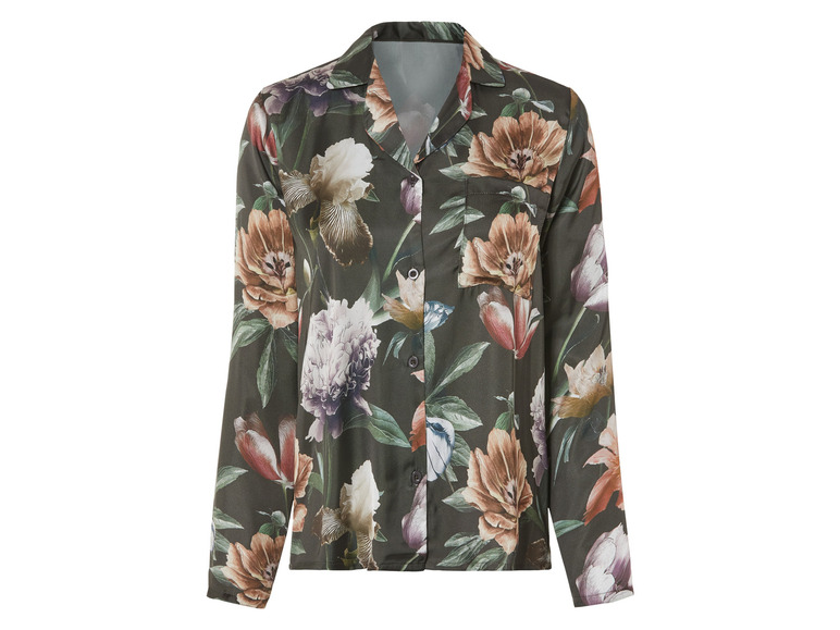 Eine grüne Bluse mit langen Ärmeln und Blumenmuster.