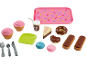Spielzeug-Dessert- und Küchenutensilien-Set, inklusive Cupcakes, Donuts, Macarons und einem rosa Tablett.