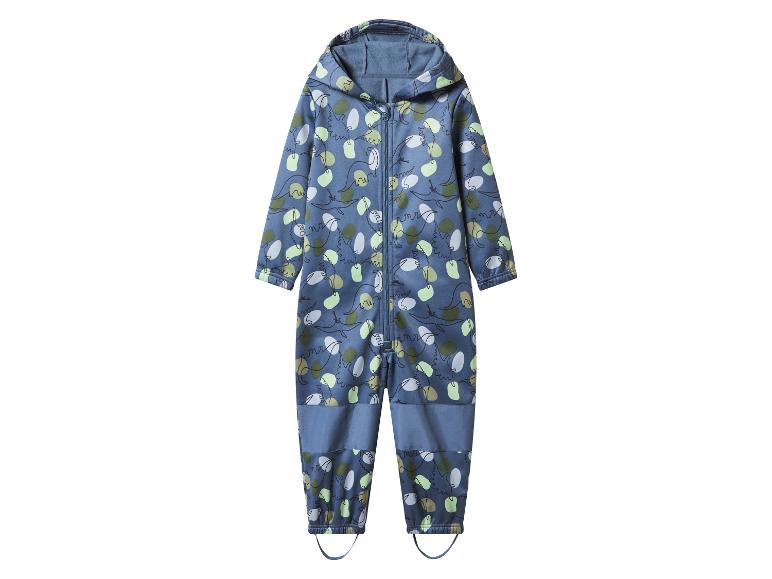 Blauer wasserdichter Kinderoverall mit Dinosaurier-Muster und Kapuze.