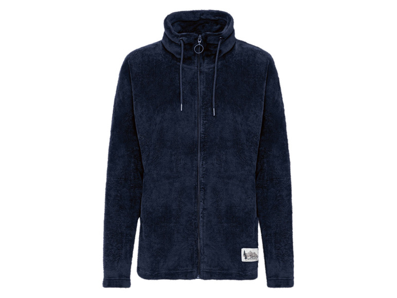 Dunkelblaue Fleecejacke mit Reißverschluss und Kapuze.