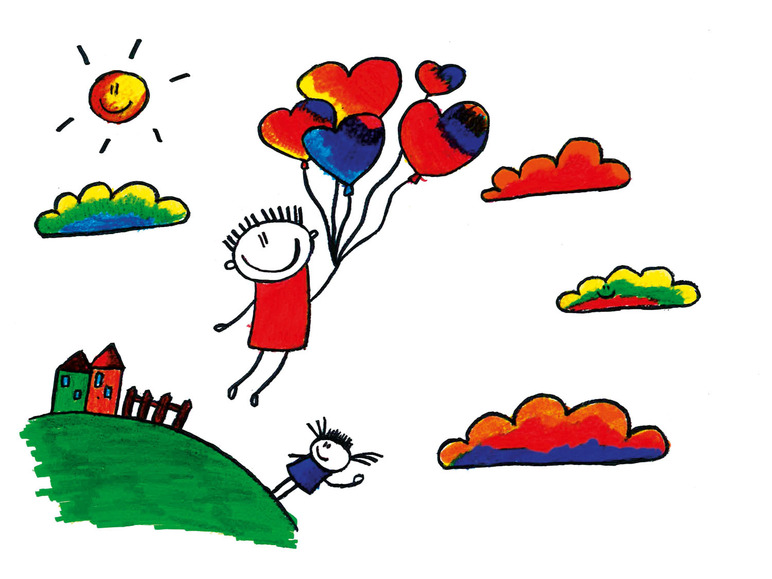 Ein Kind fliegt mit herzförmigen Ballons.