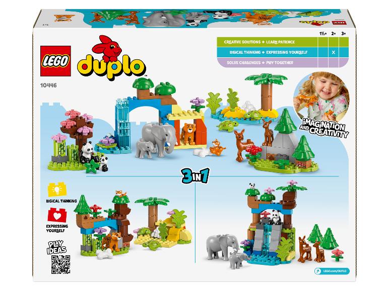 LEGO Duplo 10446 Box mit 3-in-1 Wildtier-Sets und einem spielenden Mädchen.