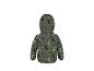 Gefütterte Kinderjacke in Grün mit Dinosaurier-Muster, Rückansicht.