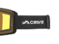 Skibrille mit gelbem Glas und schwarzem Band mit weißem Logo