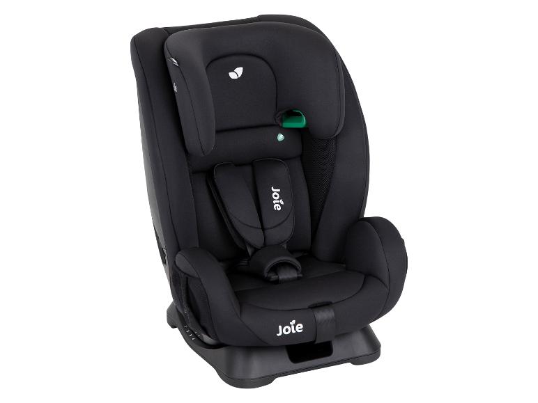 Schwarzer Kindersitz mit Fünfpunktgurt und verstellbarer Kopfstütze.