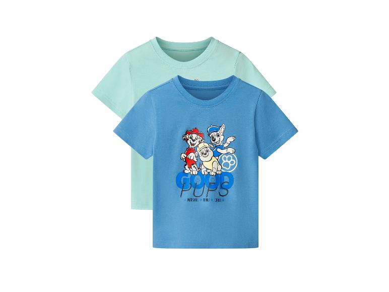 Zwei kurzärmelige T-Shirts, eines hellblau und eines mintgrün, mit Paw Patrol-Aufdruck