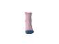 Rosa Socke mit blauer Spitze und rosa Streifen, verziert mit rosa und blauen Mustern.