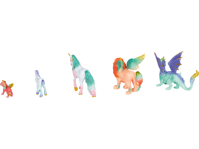 Bunte Fantasy-Figuren: Einhörner, geflügelte Löwen und Drachen in verschiedenen Größen.