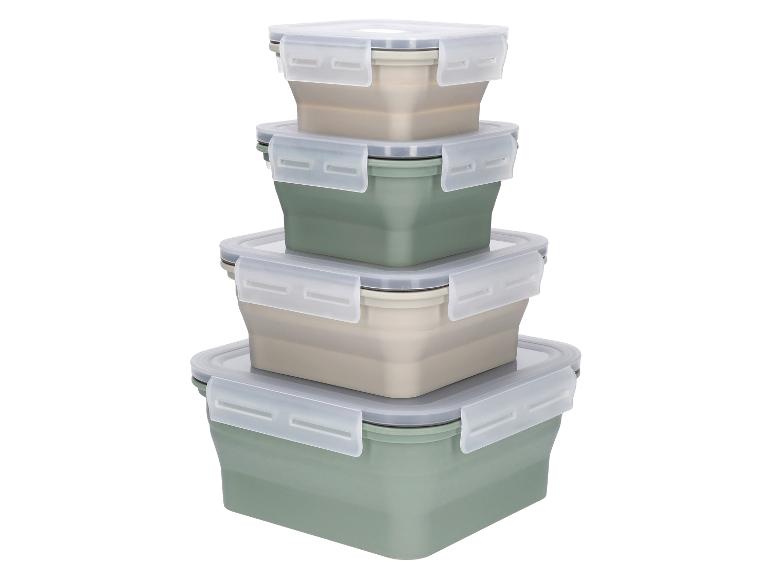 Set aus vier faltbaren Lebensmittelbehältern in verschiedenen Größen in neutralen Farben