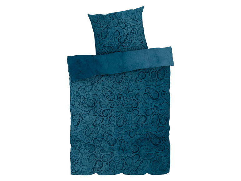 Eine dunkelblaue Bettwäsche mit Paisley-Muster.