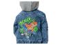 Blaue Kinder-Jeansjacke mit grauer Kapuze und Dinosaurier- und Hundemotiv mit dem Text „DINO EXPERT“.