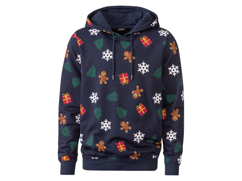 Ein blauer Hoodie mit Weihnachtsprint mit Lebkuchenmann, Weihnachtsbaum und Geschenken.