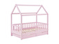 Ein rosa Bett mit einem hausförmigen Rahmen und zwei Schubladen.
