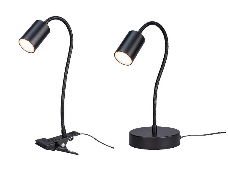 Zwei schwarze LED-Schreibtischlampen, eine mit Klemmfuß und eine mit rundem Fuß.