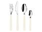 Vierteiliges Besteckset mit weißen Griffen: Gabel, Messer, Esslöffel und Teelöffel.