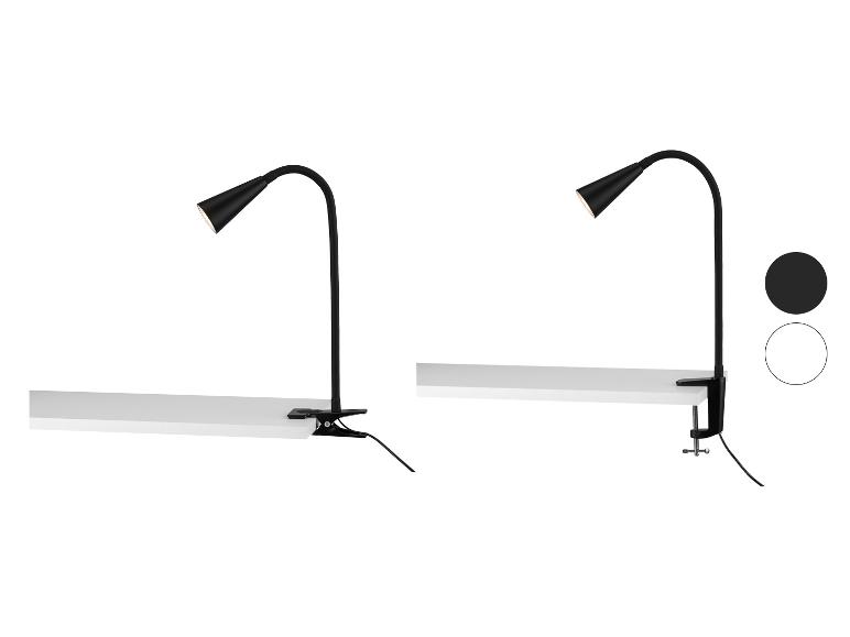 Zwei schwarze Klemmleuchten mit flexiblem Arm, eine mit Klammer und eine mit Schraubklemme.