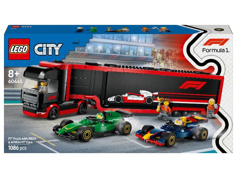 LEGO City F1 Truck mit RB20 & AMR24 F1 Autos Set, 1086 Teile.