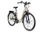 Beiges E-Bike mit tiefem Einstieg und Gepäckträger.
