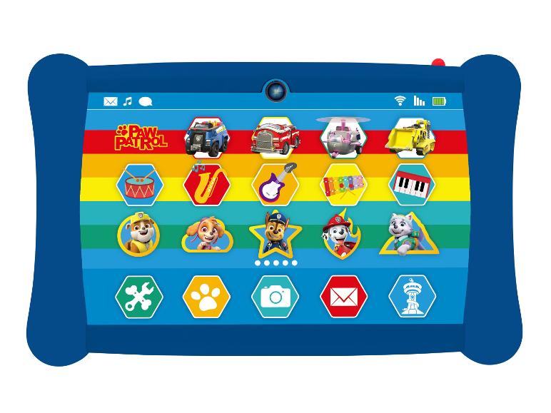Tablet mit dem Paw Patrol Spiel mit Musikelementen und Bildern aus der Serie.
